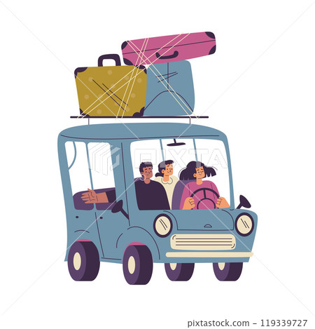 Woman Character on Road Trip Travel by Car with Suitcase Vector Illustration Woman Character on Road Trip Travel by Car with Suitcase Vector Illustration 119339727