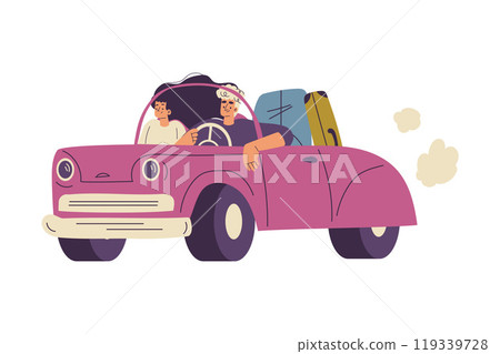 Man and Woman Character on Road Trip Travel by Car with Suitcase Vector Illustration Man and Woman Character on Road Trip Travel by Car with Suitcase Vector Illustration 119339728