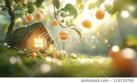 A cozy wooden cottage nestled under vibrant orange trees, bathed in warm sunlight. A tranquil scene of nature that evokes comfort and serenity. 119339760