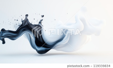 Abstract fluid black and white shapes gracefully intertwining against a white background, creating a modern and artistic visual effect perfect for various design projects. 119339834