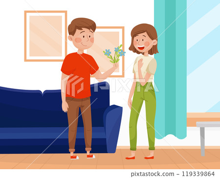 Man Date with Woman Give Her Flower Bouquet Vector Illustration Man Date with Woman Give Her Flower Bouquet Vector Illustration 119339864