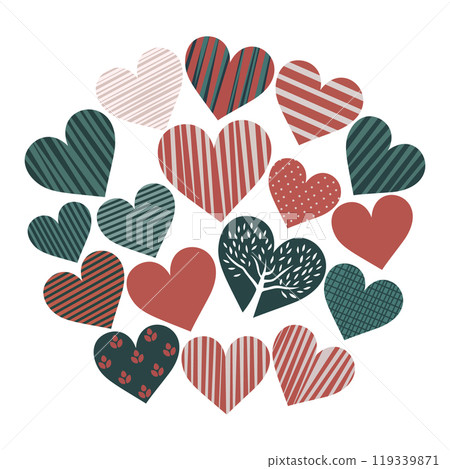 Abstract Hearts in a Circle. A set of abstract hearts with stripes and patterns, grouped in a circle shape. 119339871