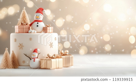 Festive Christmas cake decorated with snowmen and presents, showcasing a warm, joyful holiday spirit with a blurred background. 119339915