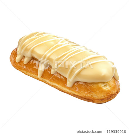 Delicious eclair with creamy filling and icing on top, isolated on a white background. 119339918
