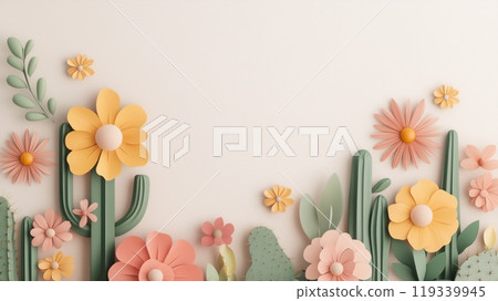 Colorful floral composition with various flowers and cacti on a white background, showcasing aesthetic beauty and playful design elements. Colorful floral composition with various flowers and cacti on a white background, showcasing aesthetic beauty and playful design elements. 119339945