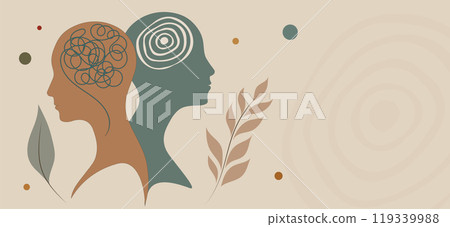 2 Head silhouette.Metaphor bipolar disorder mind mental.Double face with tangle and untangle brain.Mood disorder concept.Mental health. Split personality.Psychology or Psychiatry.Banner 119339988