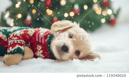 A cute golden retriever puppy in a festive Christmas sweater, lying on a snowy surface with a beautifully decorated Christmas tree in the background. A cute golden retriever puppy in a festive Christmas sweater, lying on a snowy surface with a beautifully decorated Christmas tree in the background. 119340020