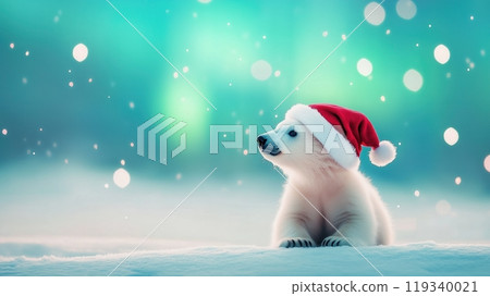 A cute polar bear cub wearing a Santa hat, surrounded by falling snowflakes and a colorful, icy backdrop. Perfect for holiday-themed designs and winter festivities. A cute polar bear cub wearing a Santa hat, surrounded by falling snowflakes and a colorful, icy backdrop. Perfect for holiday-themed designs and winter festivities. 119340021