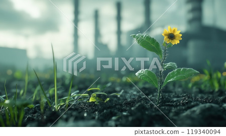 A resilient sunflower growing in a desolate industrial landscape, symbolizing hope and regeneration amidst pollution and adversity. 119340094