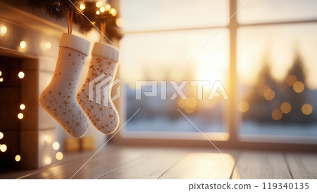 Cozy Christmas scene with stockings hanging by a window. Soft sunlight illuminates the room, creating a warm and festive atmosphere perfect for holiday celebrations. 119340135