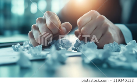 Frustrated businessperson's hands clenched, surrounded by crumpled papers, symbolizing stress and pressure in the workplace. 119340138