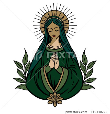 Mystical Virgin Mary Illustration with Halo and Leaves in Retro Style, AI Generative Mystical Virgin Mary Illustration with Halo and Leaves in Retro Style, AI Generative 119340222