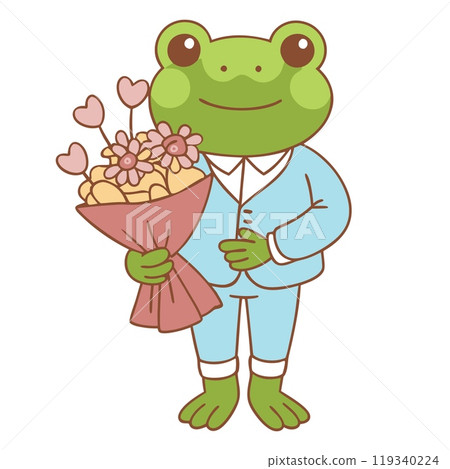 Cute frog in a suit holding a bouquet with hearts, AI Generative 119340224