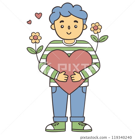 Cartoon boy with blue hair holding heart surrounded by flowers, AI Generative 119340240