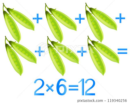 Educational games for children, multiplication action, example with pea pods. 119340256