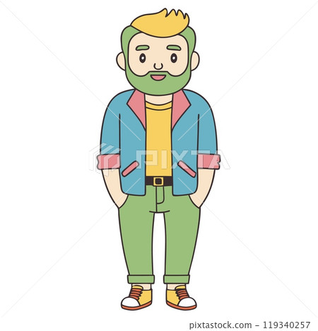 Cartoon hipster character illustration in colorful outfit with beard and casual style, AI Generative 119340257