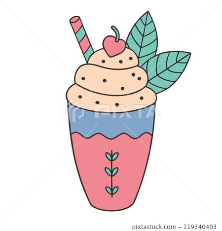 Colorful illustration of a milkshake with cherry and mint leaves. AI Generative Colorful illustration of a milkshake with cherry and mint leaves. AI Generative 119340403