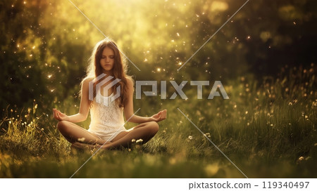 A girl sits in a forest clearing and meditates. Reflection of an emotional state. Aura changes. The tranquility and relaxation in nature. Created by artificial intelligence 119340497