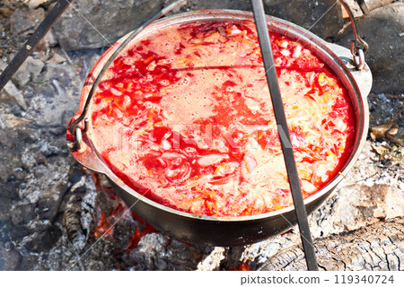 Borscht soup in pot on campfire Borscht soup in pot on campfire 119340724
