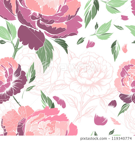 Delicate peonies seamless background. hand drawing. Not AI, Vector illustration 119340774