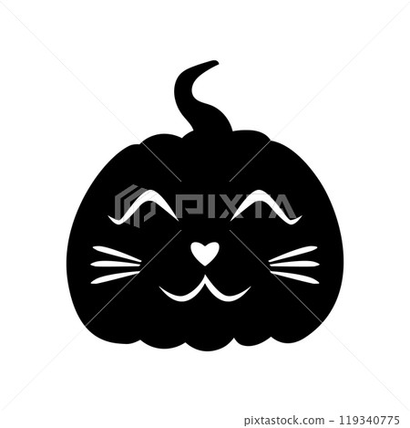 happy cat Jack-o-lantern pumpkin face expression silhouette. Halloween party pumpkin carving. Stock vector illustration isolated on white background in flat style. 119340775