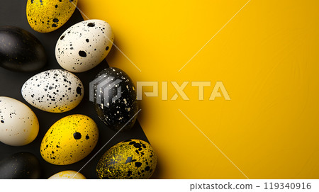Golden, black, white Easter eggs on a yellow-black background. geometry. Minimal concept. View from above. 119340916