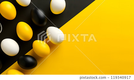 Golden, black, white Easter eggs on a yellow-black background. geometry. Minimal concept. View from above. Golden, black, white Easter eggs on a yellow-black background. geometry. Minimal concept. View from above. 119340917
