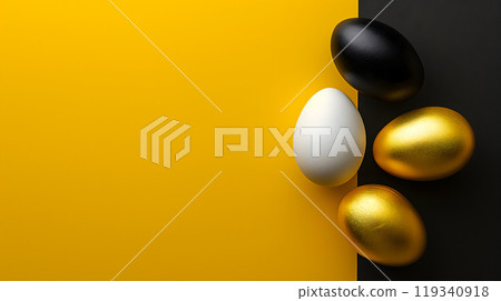 Golden, black, white Easter eggs on a yellow-black background. geometry. Minimal concept. View from above. 119340918
