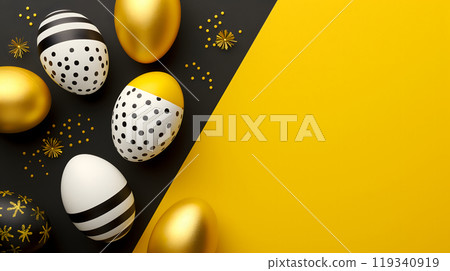Golden, black, white Easter eggs on a yellow-black background. geometry. Minimal concept. View from above. 119340919