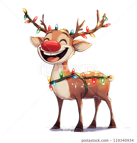 Reindeer with Christmas lights on a transparent background. Festive reindeer, holiday design, Christmas decorations, Rudolph the Red-Nosed Reindeer, seasonal art, joyful Christmas character. 119340934