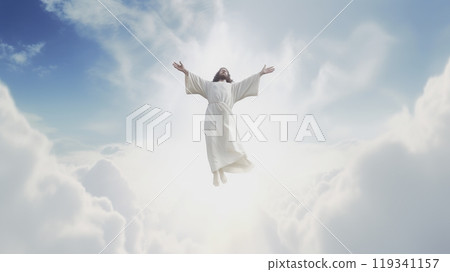 Jesus soars through clouds, arms open, expressing joy and peace Jesus soars through clouds, arms open, expressing joy and peace 119341157