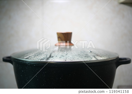 A detailed closeup image of a steaming pot that is covered with a traditional wooden lid 119341158