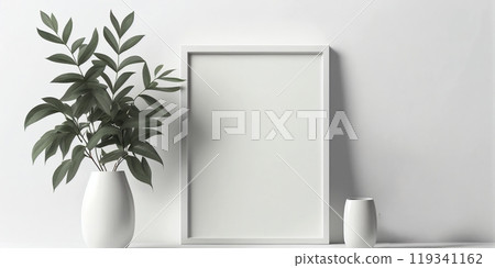 On the wall, there is a picture frame hanging beside two potted plants On the wall, there is a picture frame hanging beside two potted plants 119341162