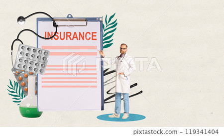 Doctor pointing at clipboard with insurance written on it, with pills and stethoscope. Importance of reliable health insurance coverage. Contemporary art collage. 119341404