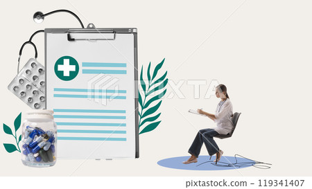 Female doctor writing notes beside large medical tools and clipboard with health details. Medical documentation and health insurance accuracy. Contemporary art collage. 119341407