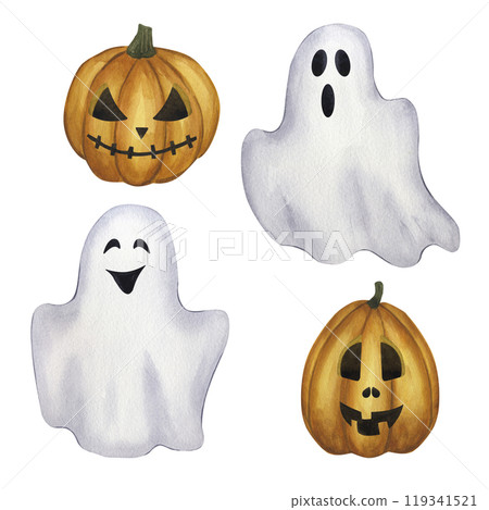 Halloween clip art set. Jack o Lantern, carved orange pumpkin and white ghost. Hand drawn watercolor illustration isolated background. For design postcard, flyers, invitations 119341521