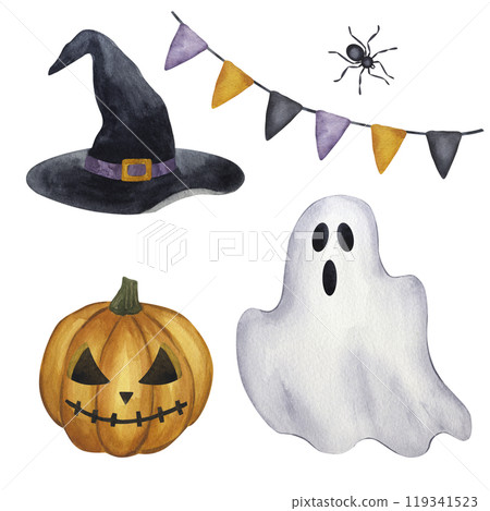 Halloween art set. Jack o Lantern, carved orange pumpkin, white ghost, witch hat, garland of flags. Hand drawn watercolor illustration isolated background. For design postcard, flyers, invitations 119341523