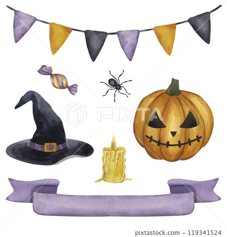 Halloween set Jack o Lantern, carved orange pumpkin, purple tape, candy, spider, candle, ghost, witch hat, garland flags. Hand drawn watercolor illustration isolated background. 119341524
