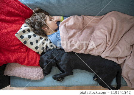 Boy with a flu and his dog sleeping on a domestic couch 119341542