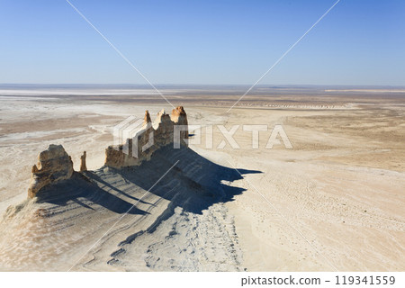 Stunning Mangystau landscape, Kazakhstan. Ak Orpa pinnacles aerial view, Bozzhira valley 119341559