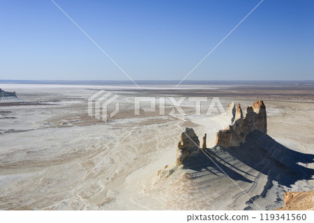 Stunning Mangystau landscape, Kazakhstan. Ak Orpa pinnacles aerial view, Bozzhira valley 119341560