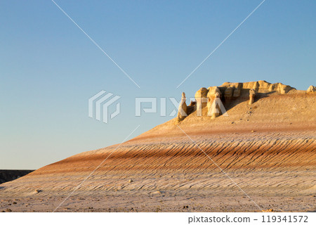 Kyzylkup area landscape, Mangystau desert. Rock strata formations 119341572