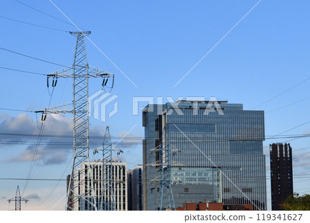 City scenery with high voltage power line in Moscow, Russia 119341627