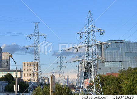 City scenery with high voltage power line in Moscow, Russia City scenery with high voltage power line in Moscow, Russia 119341629
