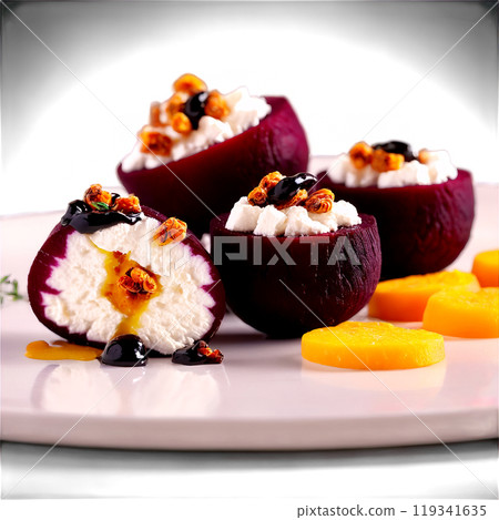 Roasted beets with goat cheese vibrant red and golden crumbled goat cheese balsamic drizzle Culinary 119341635