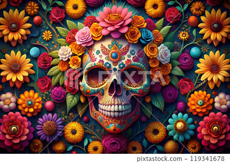 Festive, colorful illustration with sugar skull for Day of the Dead 119341678