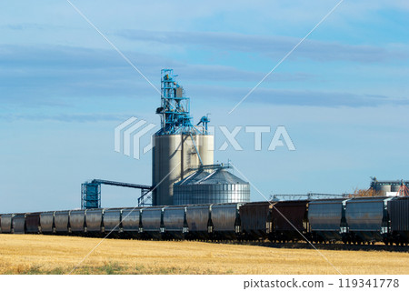 Rural scene in prairies - grain elevator and new train cars on the railway tracks in the autumn field under the blue sky. Rural scene in prairies - grain elevator and new train cars on the railway tracks in the autumn field under the blue sky. 119341778