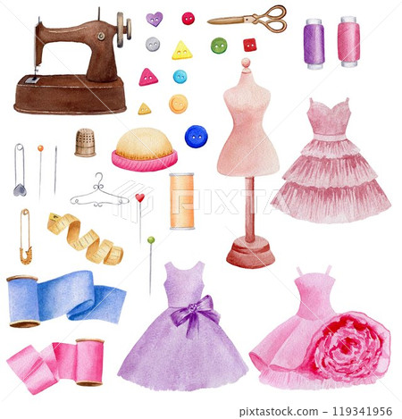 Set, collection of watercolor sewing elements, accessories and equipment for sewing, dresses, hand drawn isolated illustrations on a white background Set, collection of watercolor sewing elements, accessories and equipment for sewing, dresses, hand drawn isolated illustrations on a white background 119341956