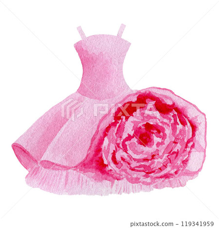 Silk pink dress with flower, pastel gown. Hand drawn watercolor illustration, fashion design element. Isolated on white background for design. 119341959