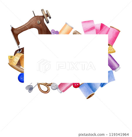 Sewing card with square copy space. Geometric square frame with sewing items. Watercolor illustration on white isolated background for design, print. 119341964